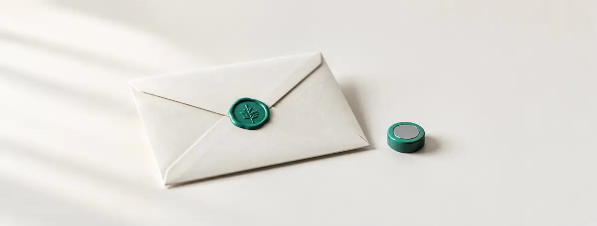Enveloppe en papier fermée par un cachet de cire, à côté d'un petit aimant