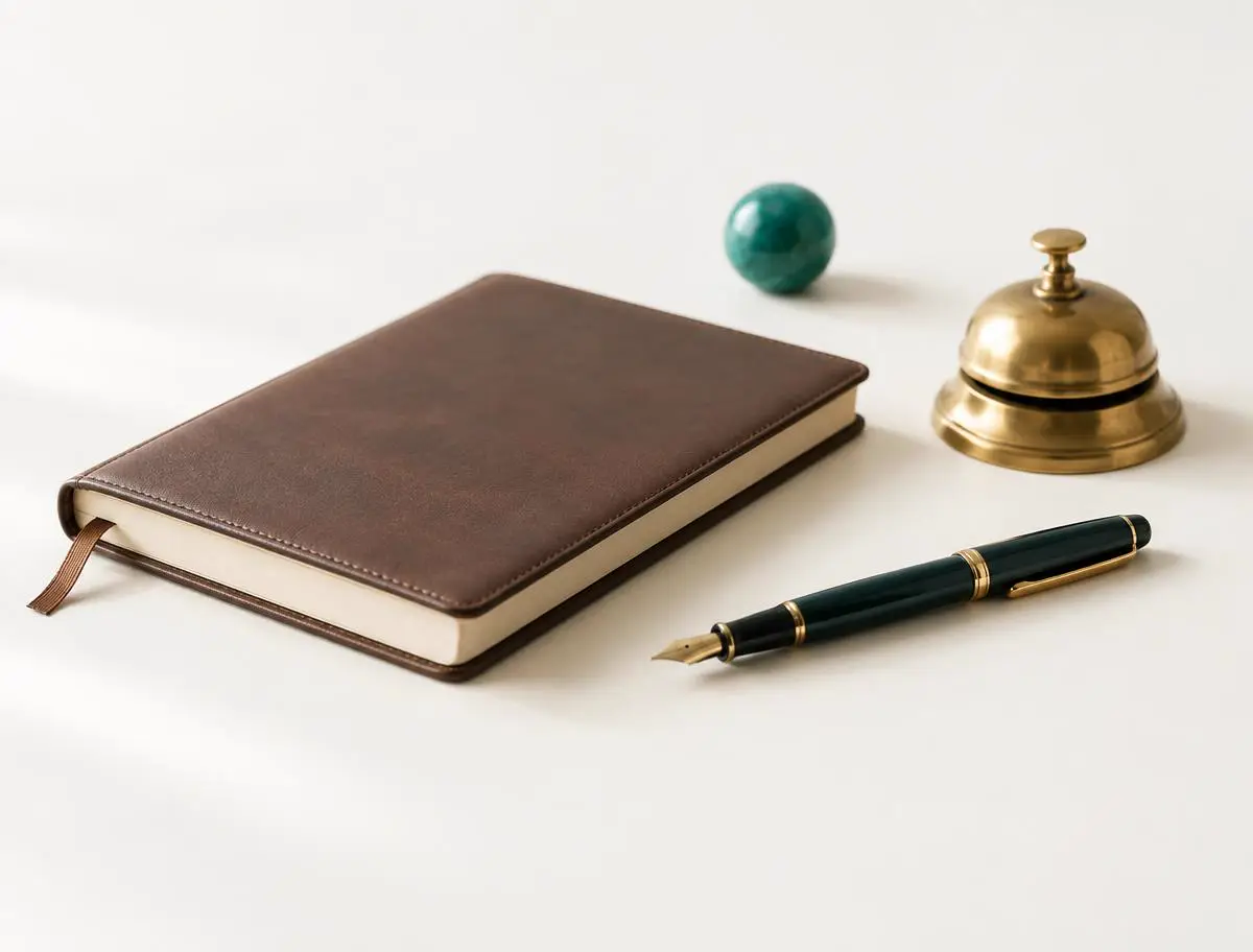 Carnet en cuir fermé, stylo plume et petite sonnette de bureau en laiton sur fond blanc cassé